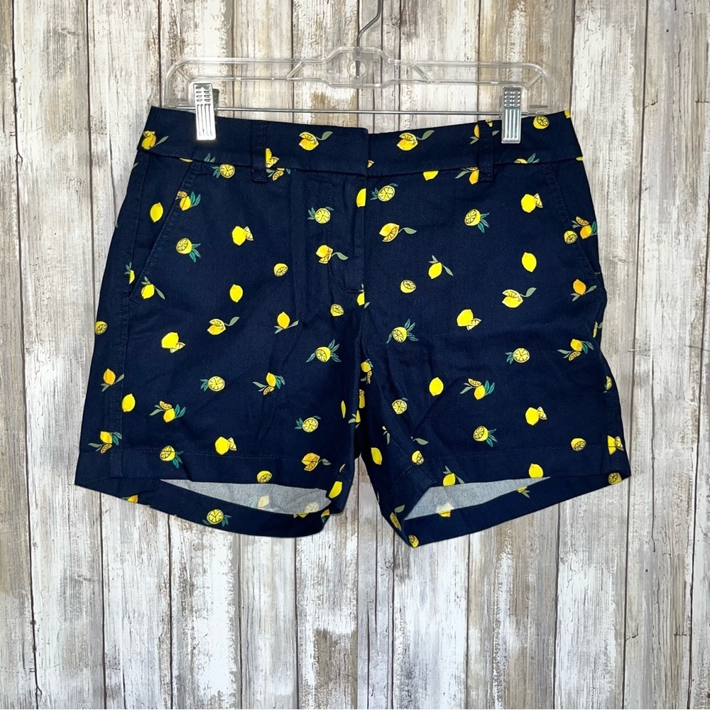 J.Crew Lemon Print Chino Shorts 5” Inseam Navy Yellow NWT Size 4 Summer Preppy - Picture 2 of 6
